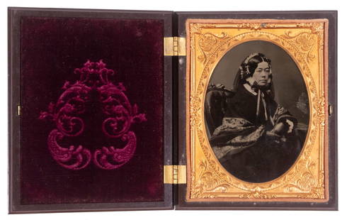 RICHMOND, VIRGINIA WASHINGTON MONUMENT: CASED 1/4 PLATE TINTYPE PHOTO OF ATTRACTIVE SOUTHERN WOMAN,: Middle Aged Woman of substantial means, in the original gutta perha case featuring the bronze equestrian portrait of Gen. George Washington designed by Thomas Crawford and completed under the supervis