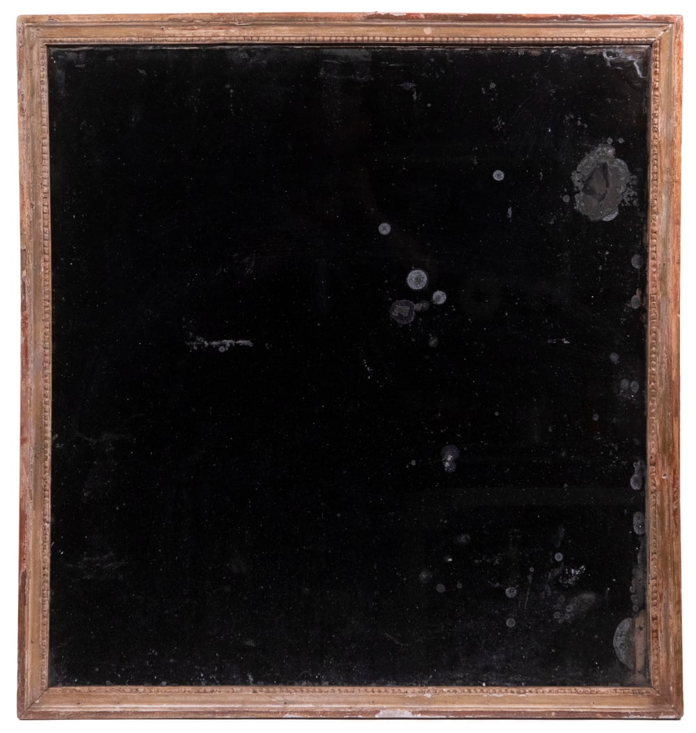 ANTIQUE MIRROR: 19th c. Mirror, in a distressed gilded and painted wooden frame with beaded inner edge, wooden back panel, 36" x 33 1/2". Silvering losses; back panel holes.