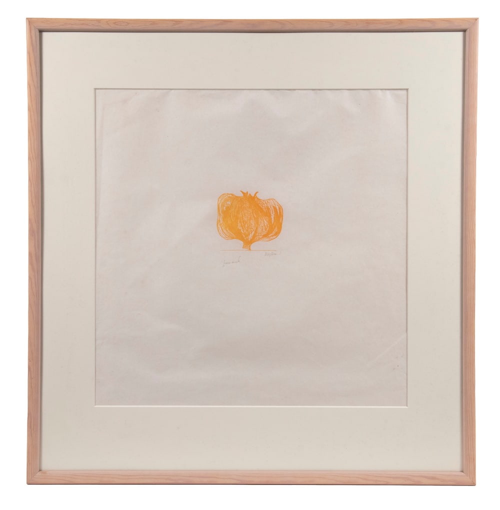 LEONARD BASKIN (MA/NY, 1922-2000): "Press-Mark" (Pomegranate). Woodcut in oranze ink in buff paper, in bleached oak stick frame, matted under glass, OS: 23 1/2" x 22 1/2", image size: 3 1/2" x 4", bend lower right.