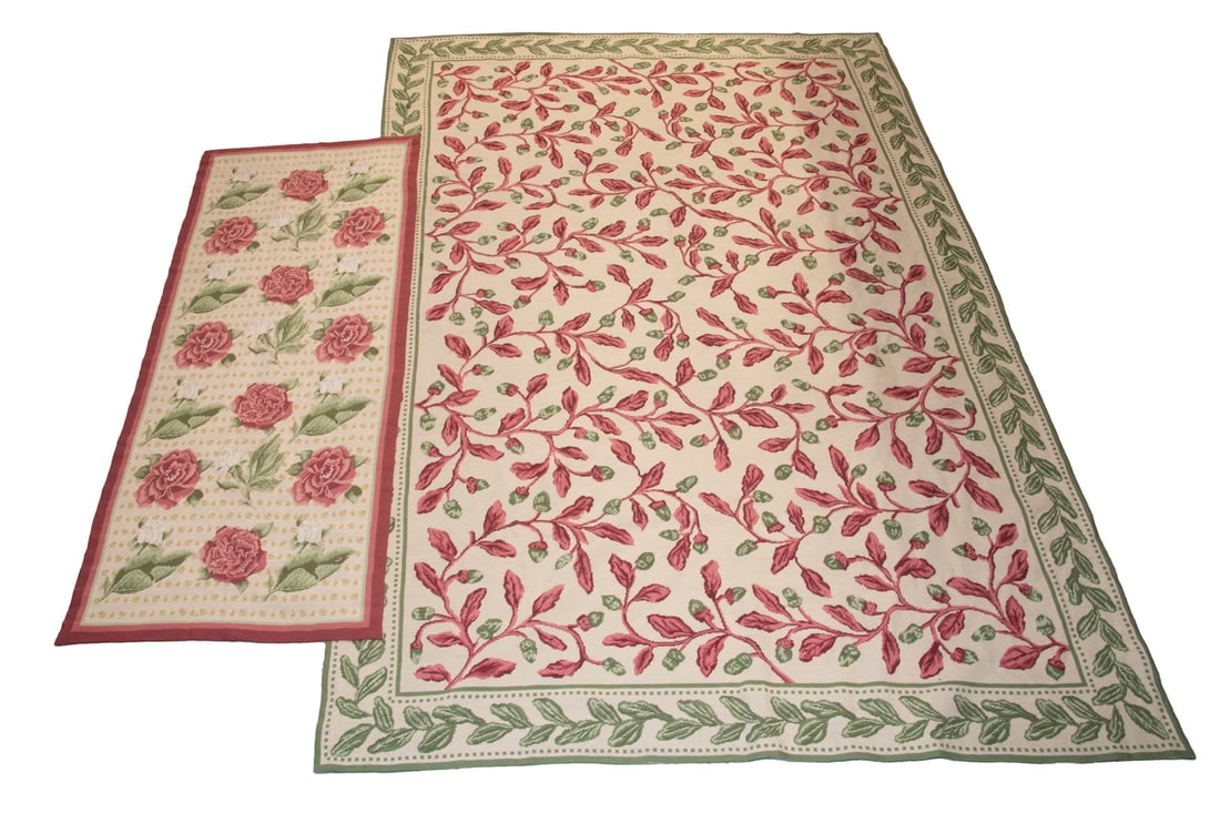 KATHA DIDDEL HOME COLLECTION NEEDLEPOINT RUGS: (2) Piece Lot, both 100% wool in shades of pink and green on a cream ground, incl: Area rug with trailing foliate decoration, 8'-10" x 7'; and Runner with rose decoration, 2'-5 1/2" x 5'-10". Good con