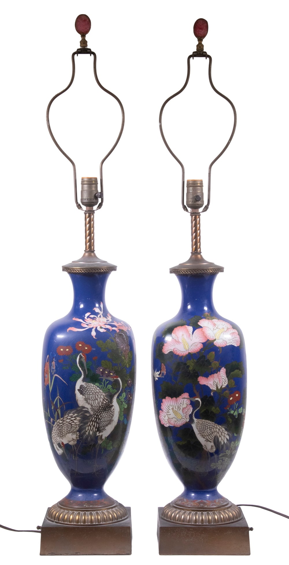 PR JAPANESE CLOISONNE VASES, AS TABLE LAMPS: Pair of Meiji Period Cloisonne Enamel Vases, depicting cranes and floral motifs on a midnight blue ground, wired as table lamps, with brass fittings and set on a square base with turn switch, single s