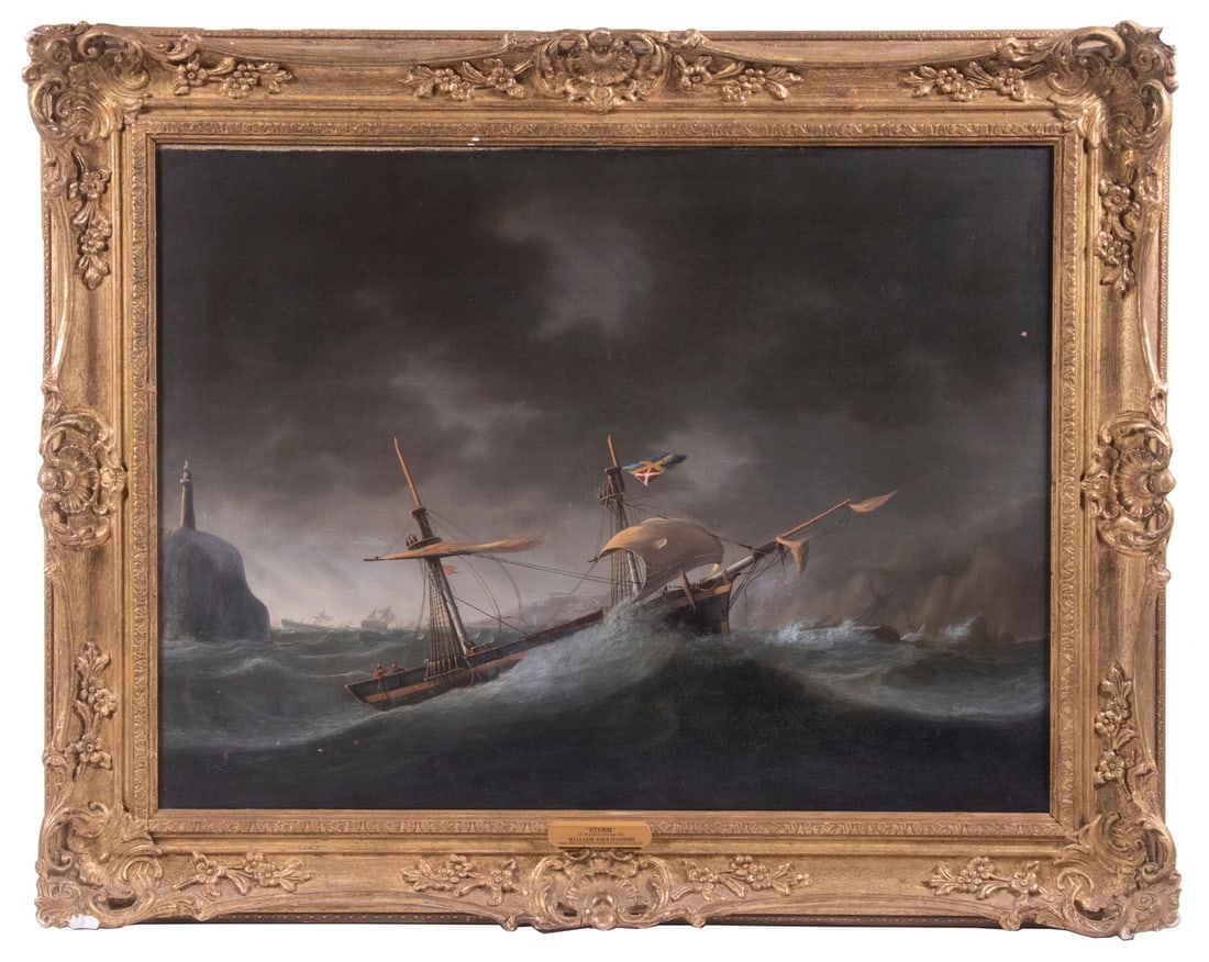 WILLIAM JOHN HUGGINS (UK, 1781-1845): "Storm in Plymouth Sound", oil on canvas, unsigned, depicting several ships being driven ashore; the foremost having both masts topped, shredded sails, inverted Swedish Mercantile Marine flag indicati