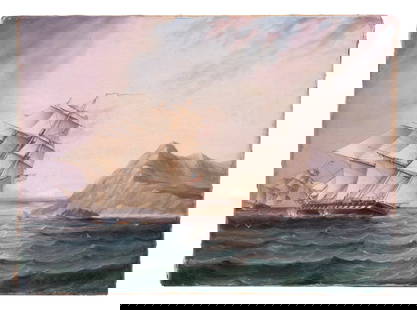 JAMES E. BUTTERSWORTH (US/UK, 1817-1894): American Warship Rounding on a Headland at Sunrise, oil on canvas, signed lower right, in original etched cove gilt frame, OS: 15 1/2" x 18 1/2", SS: 8 1/2" x 11 1/2", small repairs.This appears to be