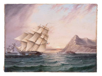 JAMES E. BUTTERSWORTH (US/UK, 1817-1894): American Warship Rounding on a Headland at Sunrise, oil on canvas, signed lower right, in original etched cove gilt frame, OS: 15 1/2" x 18 1/2", SS: 8 1/2" x 11 1/2", small repairs.This appears to be