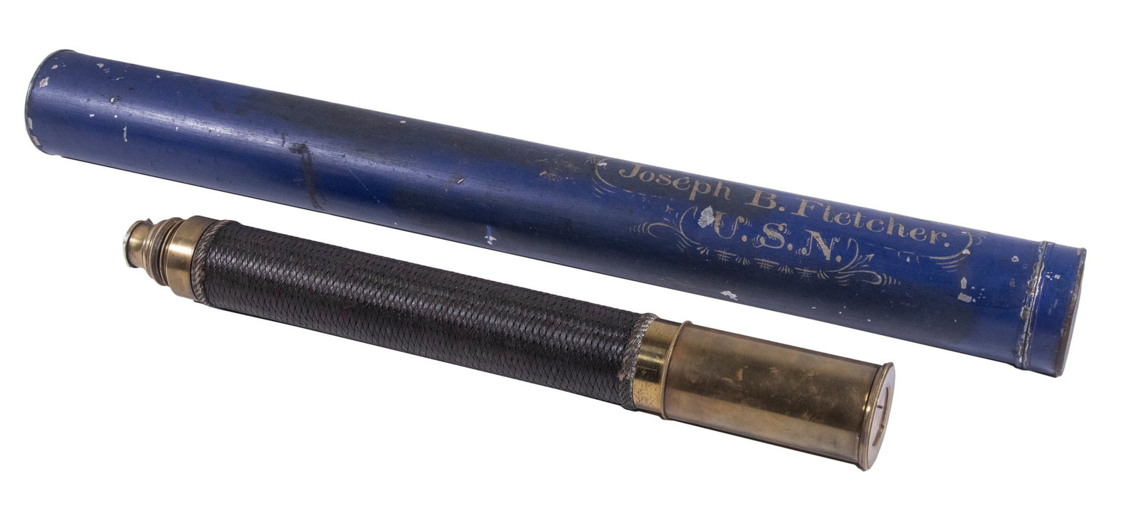 SPANISH-AMERICAN WAR ERA USN LONG GLASS IN TIN CASE WITH OWNER'S NAME 'JOSEPH B. FLETCHER': Single Draw Brass, unmarked, with braided horsehair wrap, having sliding lens covers at both ends, 1" objective, stored in blue painted tin lidded tube with friction cap, painted with owner's name and