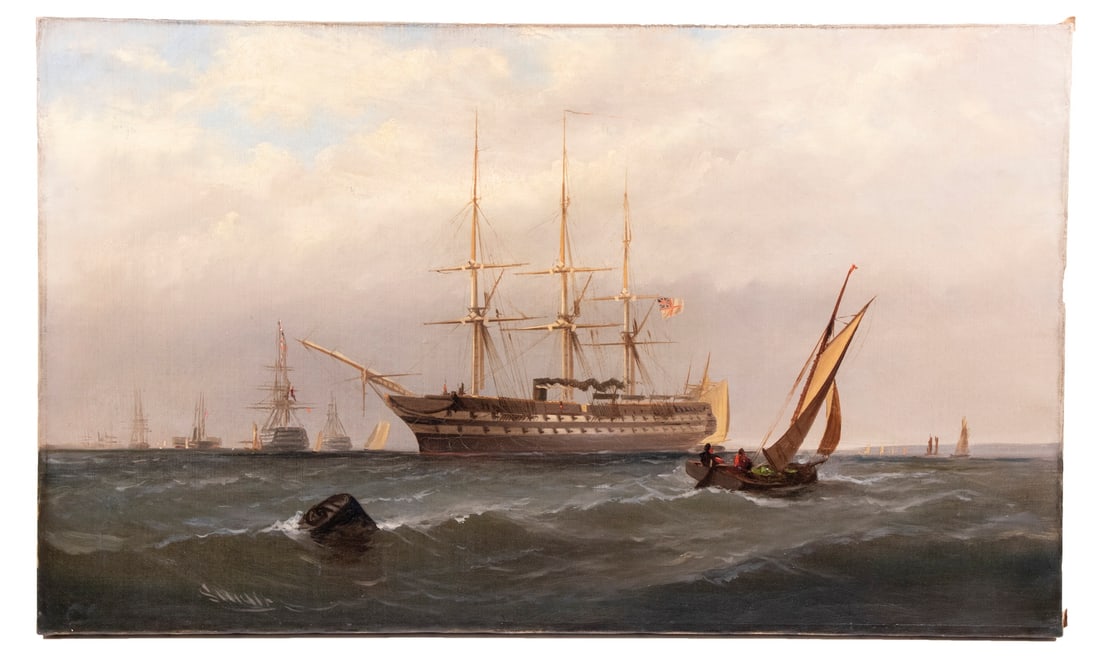 ALEXANDER CHARLES STUART (PA/SCOTLAND, 1831-1898): Portrait of Royal Navy 76 Gun Three-mast Steam/Sail Ship of the Line, taking part in Channel exercises, flying the white battle ensign, as Flagship of the Fleet, ca. 1885, oil on canvas, signed lower