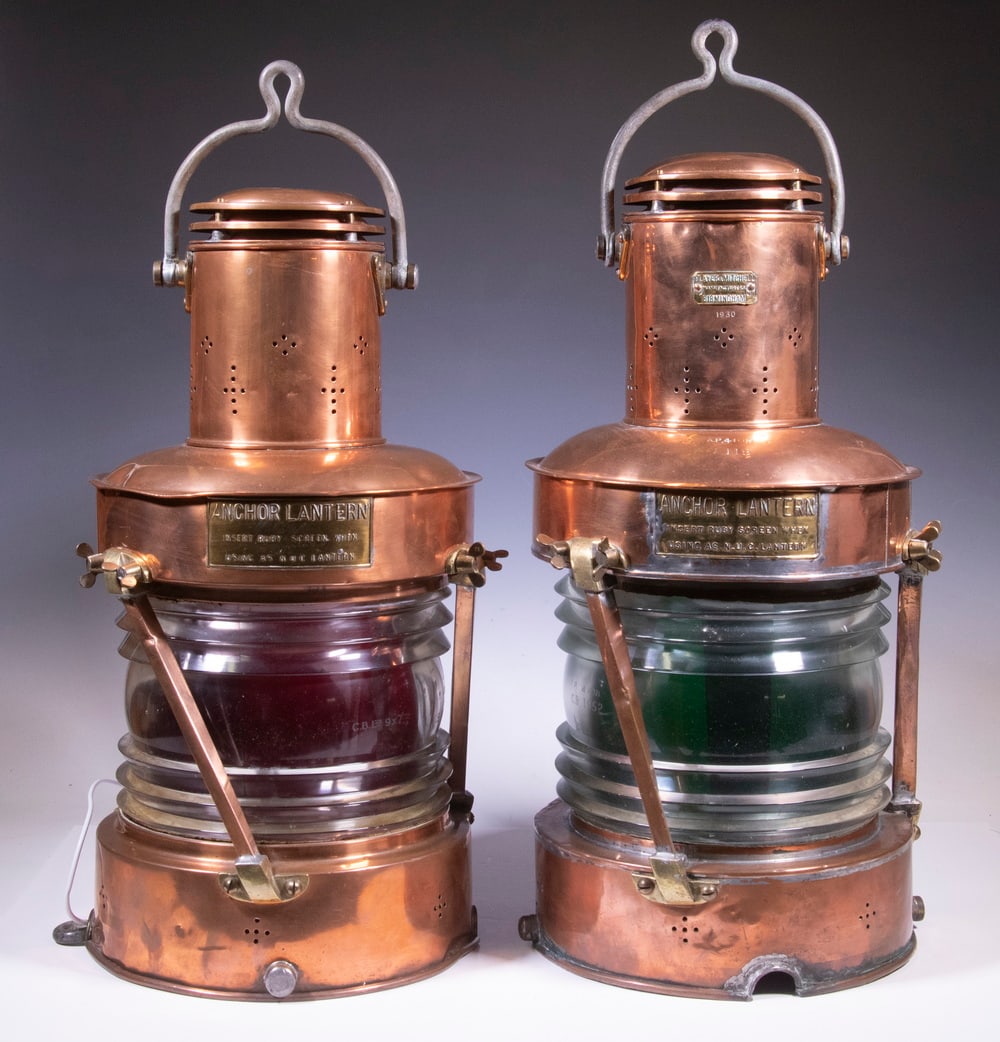 PR OF 1930 COPPER ANCHOR LIGHTS FROM RMS "QUEEN MARY", W/ COA'S (1 of 7)