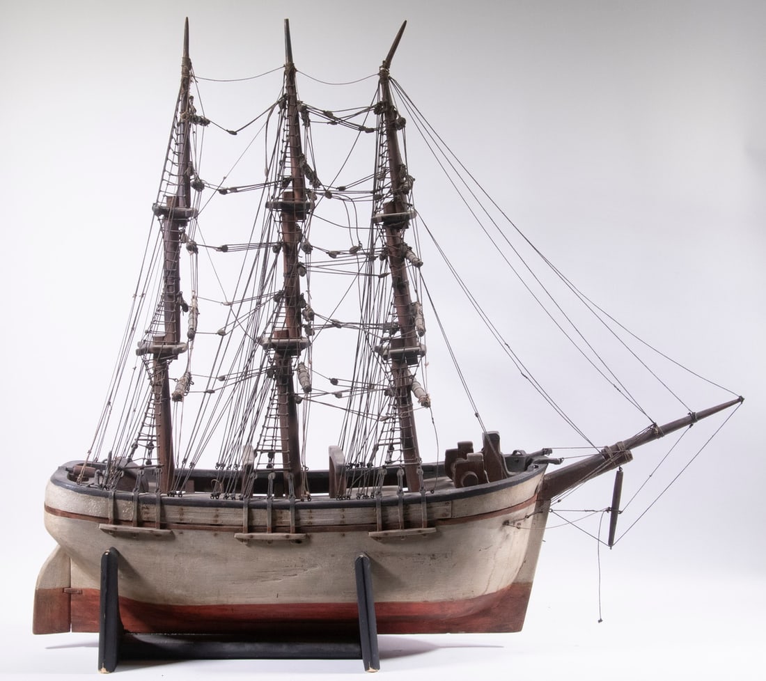 19TH C. THREE-FOOT HANDMADE FULL RIGGED WHITE HULL SHIP MODEL IN ORIGINAL CONDITION (1 of 5)