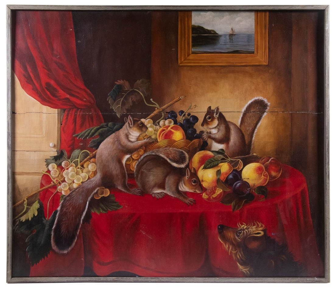 FOLK ART FIREBOARD WITH COLLOQUIAL OIL PAINTING INITIALED "AB" (1 of 5)