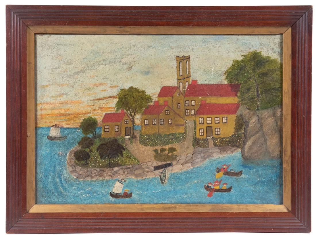 PRIMITIVE SEASCAPE WITH VILLAGE PAINTING (1 of 3)