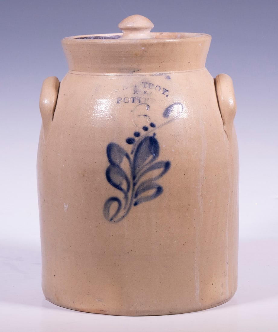WEST TROY POTTERY STONEWARE JAR WITH LID (1 of 2)