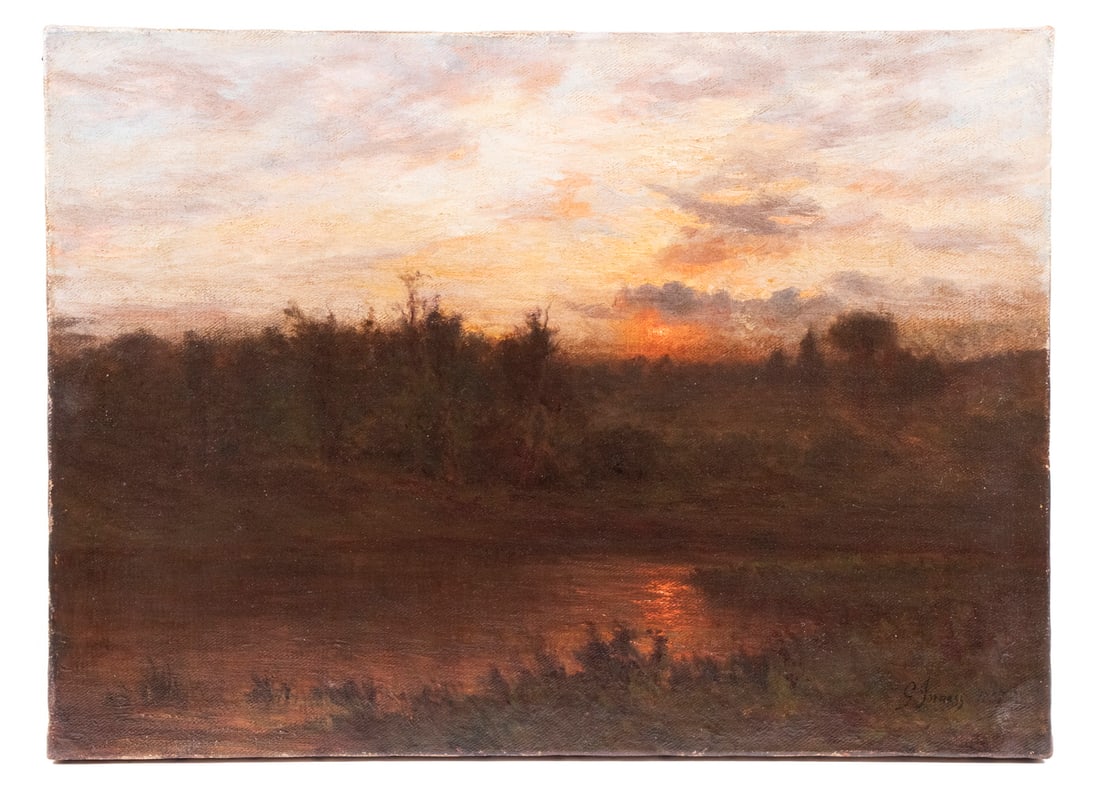 GEORGE INNESS (NY/MA/SCOTLAND, (1825-1894): Sunset over a Piney Riverbank, oil on canvas, signed lower right and dated 1857, in later matched corner gilt cove frame, OS: 21" x 27", SS: 15 1/2" x 21 1/2", overall craquelure. Property of a New Yo