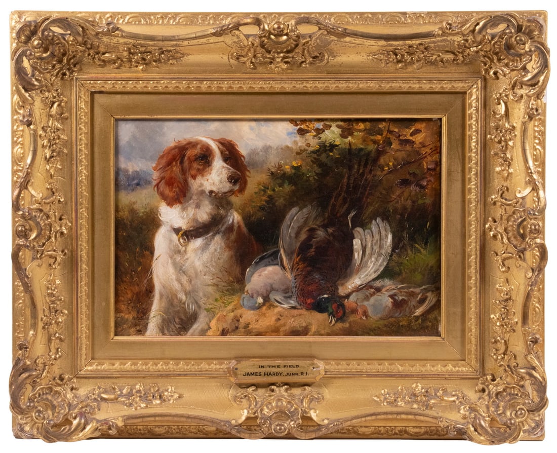 JAMES HARDY, JR. R.I. (UK, 1832-1889): "In the Field", depicting a Spaniel Dog with dead fowl, oil on canvas, signed lower right, housed in the original gilt reticulated matched corner frame with name tag giving title, OS: 16" x 20", SS: 8