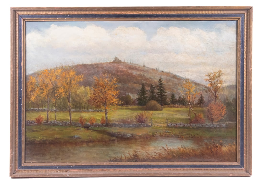 ELBRIDGE P. TALBOT (ME/MA, 1844-1919): "Blue Hill, (Pink Bridge, Neponset River)", oil on canvas, laid to hardboard, signed lower left, titled verso on later slip, in black and gold frame, OS: 18 1/2" x 26 1/2", SS: 15 1/2" x 23".