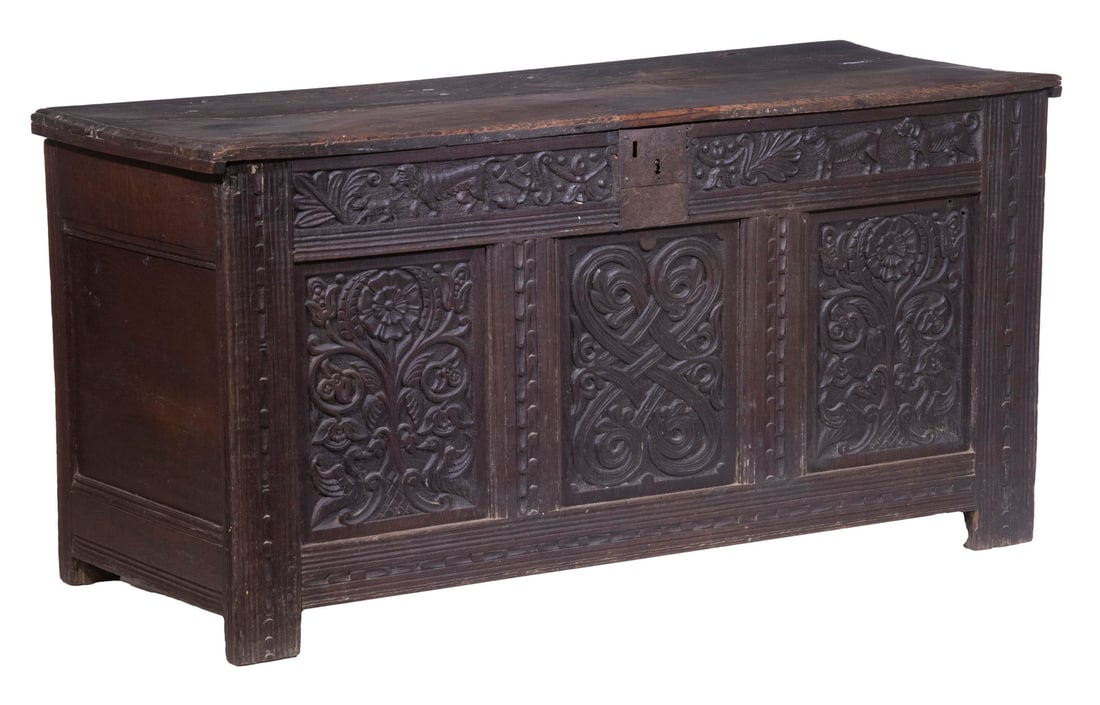 FINELY CARVED EARLY ENGLISH OAK COFFER (1 of 7)