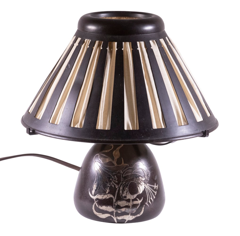 HEINTZ STERLING ON BRONZE LAMP WITH ORIGINAL SHADE: Ca. 1910 Petite Arts & Crafts Table Lamp, by Heintz Art Metal Shop (Otto Heintz, Buffalo, NY), in patinated bronze with sterling silver lily design overlay, three-prong holder and original silk lined