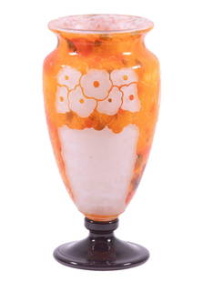 CHARDER FRENCH CAMEO GLASS VASE: Art Deco Period Le Verre Francais Art Glass Footed Vase by the (Charles) Schneider Glassworks, ca. 1925, with carved floral and leaf motifs over a frosted glass base, with carved "Charder" mark on bod