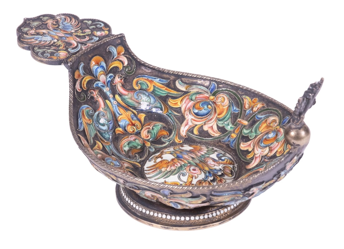 RUSSIAN SILVER-GILT & CLOISONNE ENAMEL KOVSH (1 of 4)