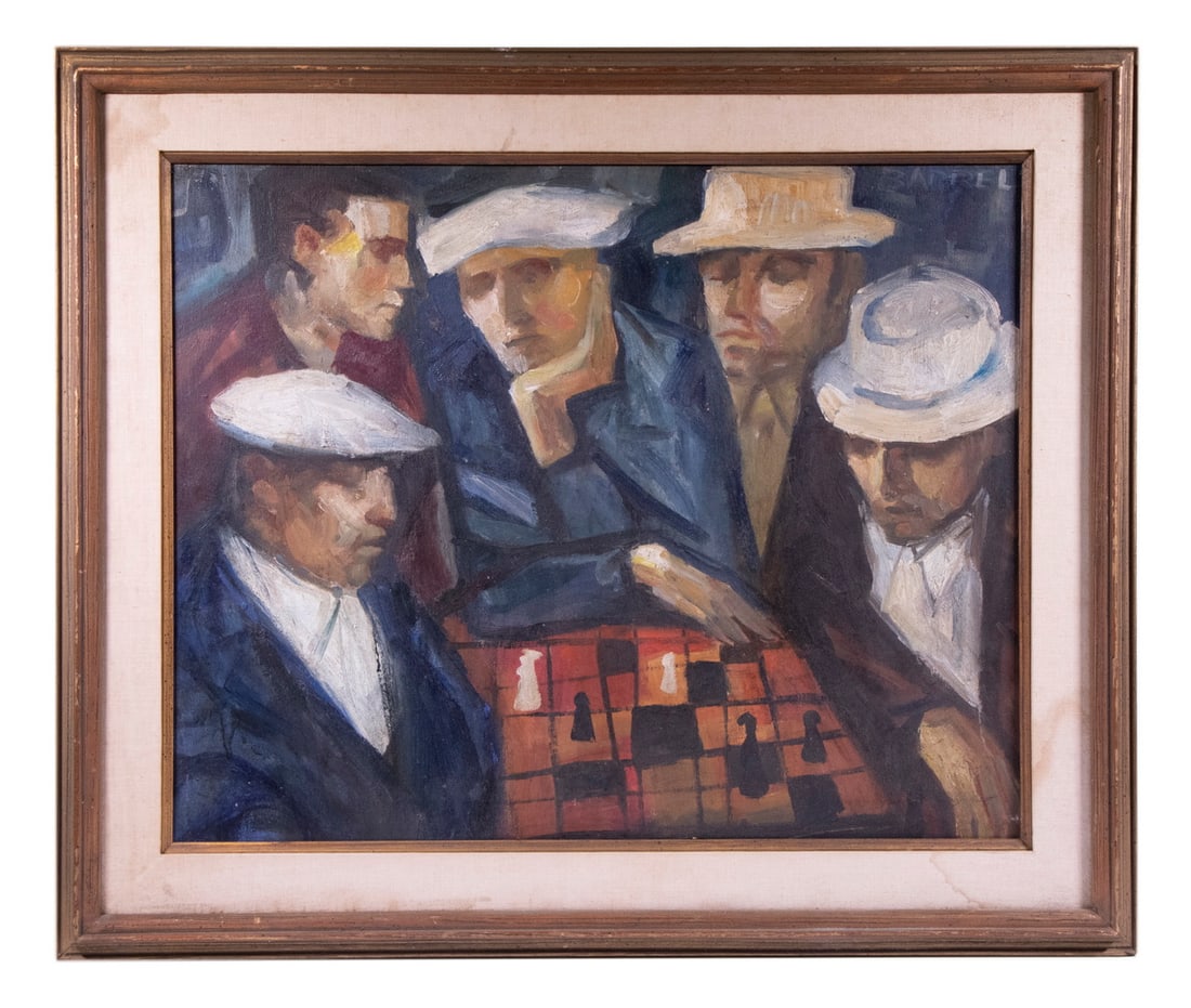 ROBERT BARREL (20TH C. NY): Chess Match in the Park, oil on canvas, signed "Barrel" upper right, in gilt molded frame with broad linen liner, gilt lip, OS: 31 1/2" x 37 1/2", SS: 23 1/2" x 29 1/2".