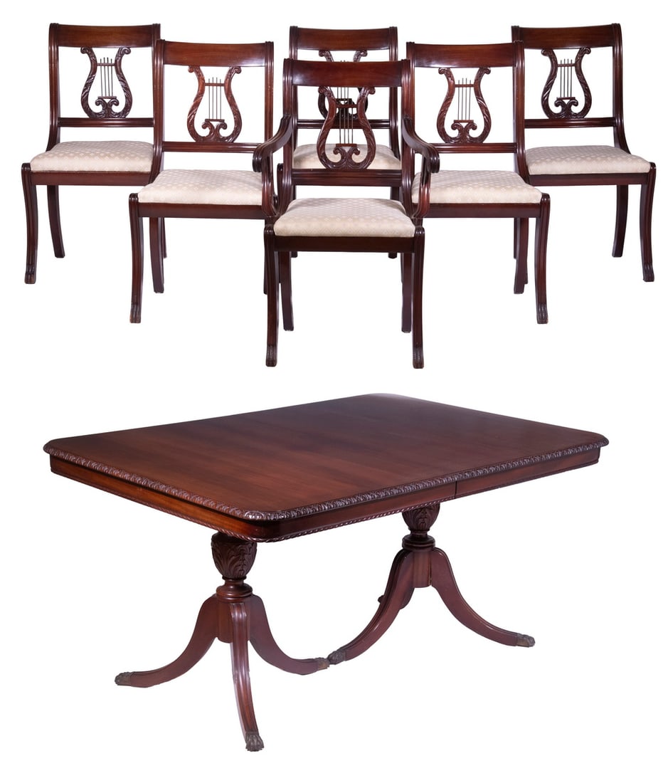 MAHOGANY DINING TABLE & CHAIRS SET: (7) Piece Regency Style Dining Set, ca. 1930s, incl: Rectangular table, with carved edge and lower frieze, (2) leaves, double tripod pedestal base with curved reeded legs and brass paw form feet, 30 1