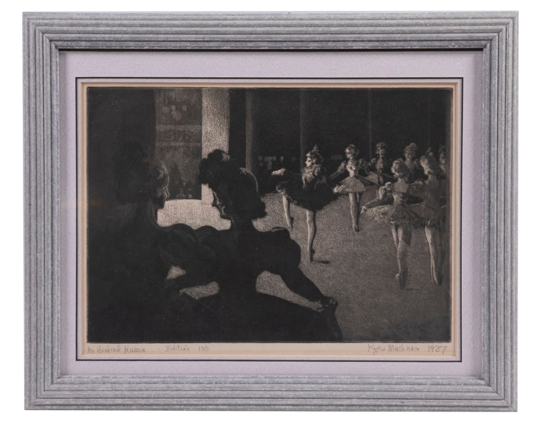 KYRA (GAITHER) MARKHAM (IL/VT, 1891-1967): "An Hundred Kisses", limited edition lithograph, pencil signed, dated 1937 and marked as an edition of 100, depicting the ballet from backstage. Inscribed verso "For Ashley" and "Kyra Markham, wife of