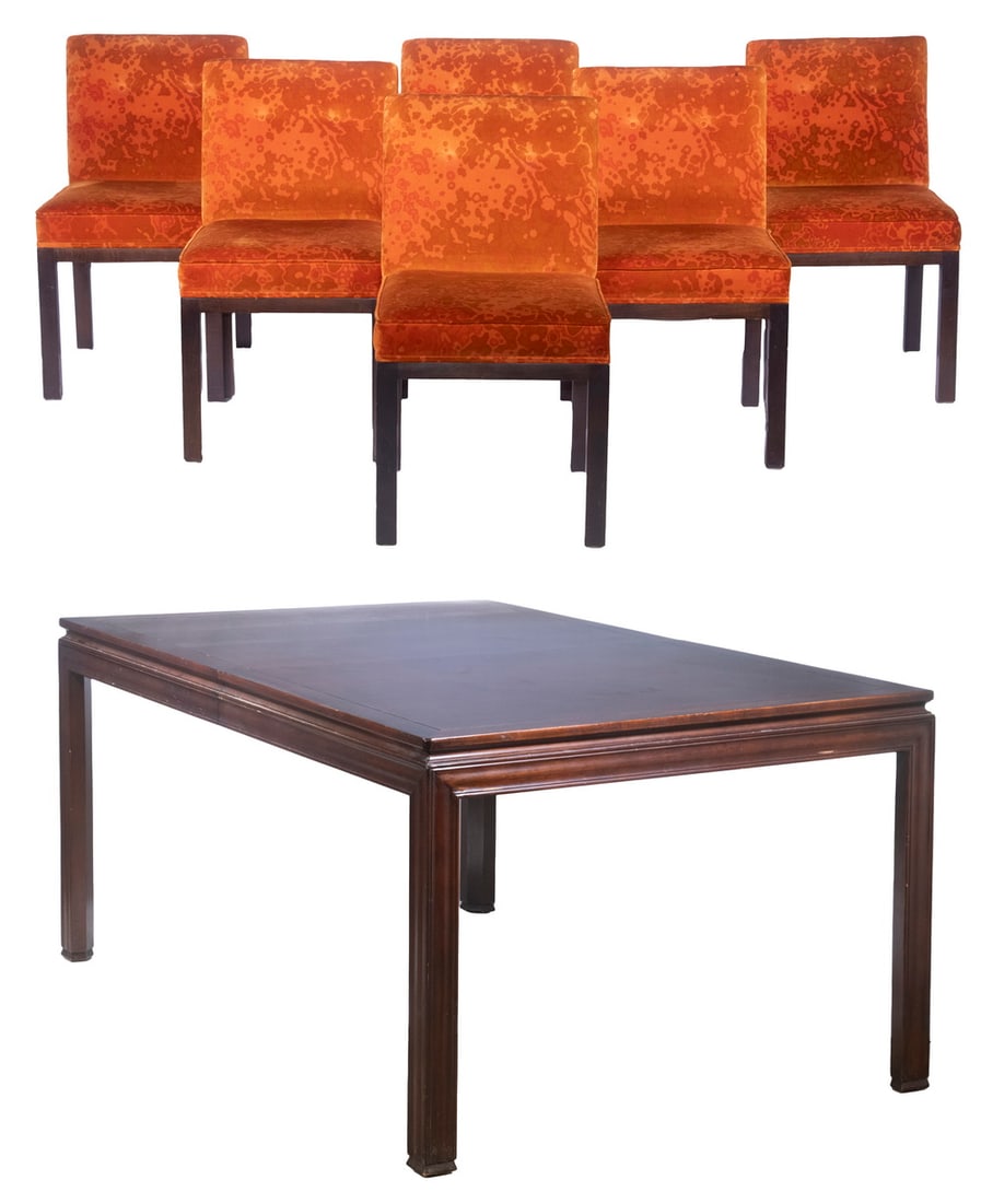 JOHN WIDDICOMB CO. (ACTIVE 1897-2002) DINING TABLE W/ (3) LEAVES & (6) CHAIRS (1 of 9)