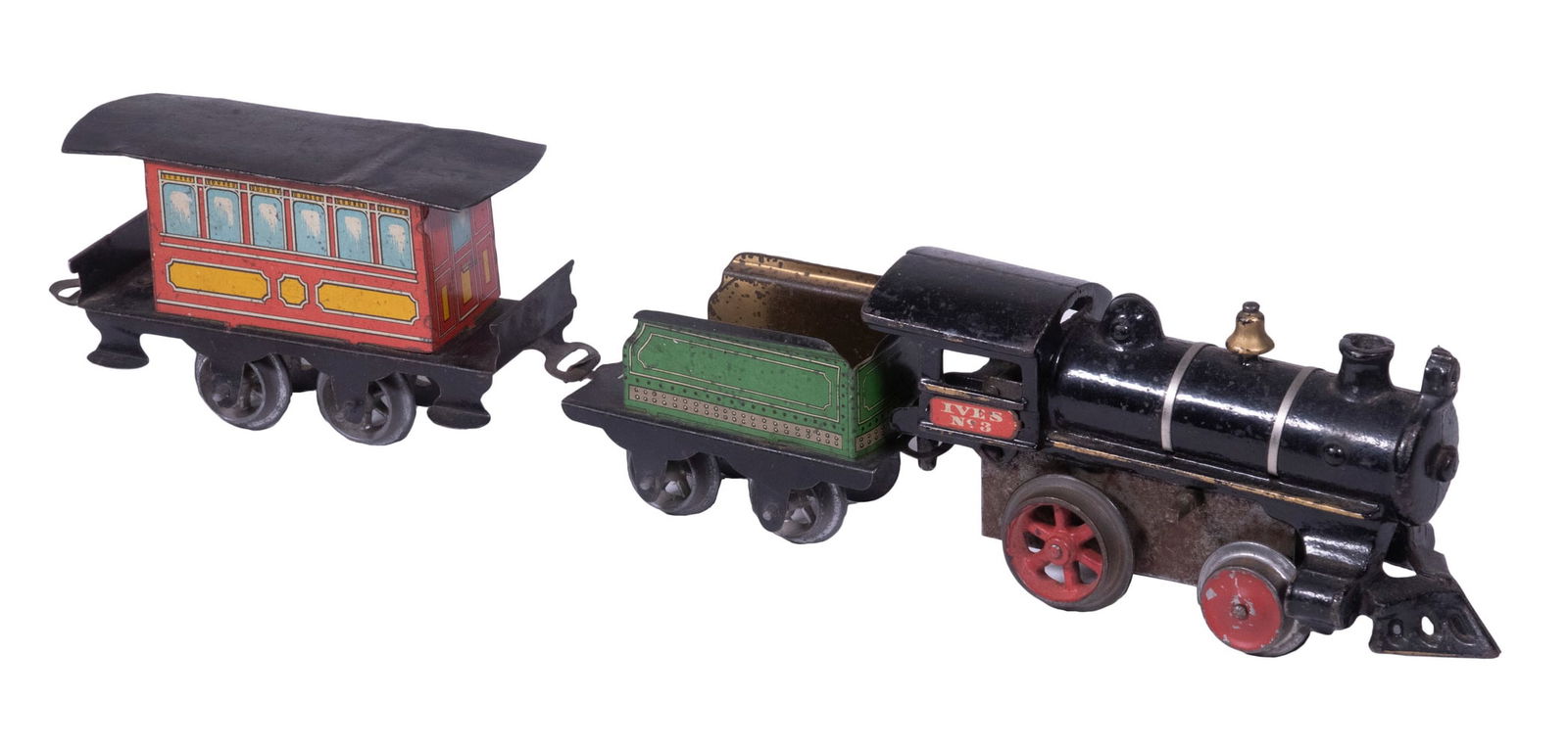 IVES #3 CAST IRON TOY LOCOMOTIVE & (2) TIN LITHO CARS (1 of 3)