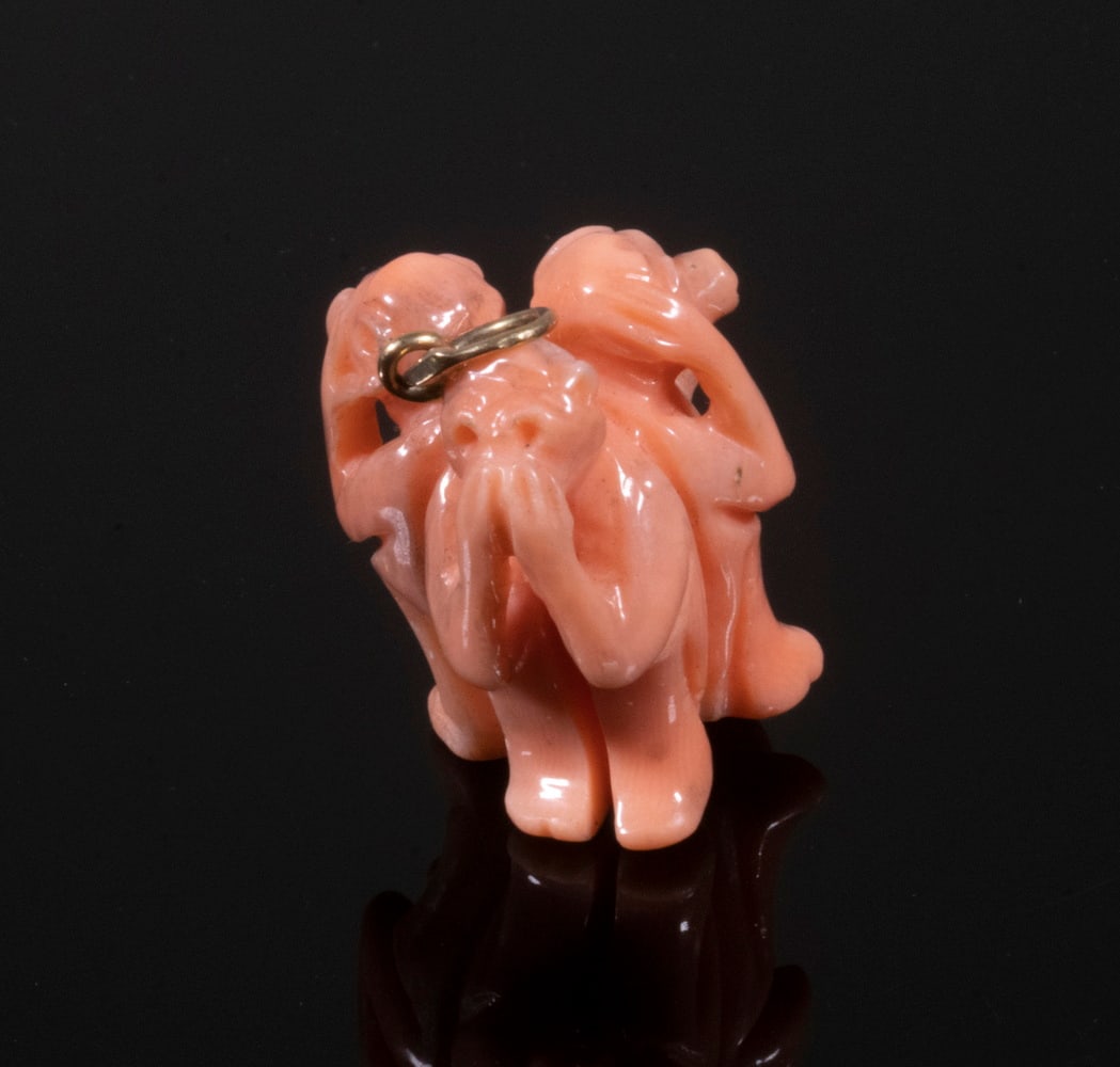 PINK CORAL "WISE MONKEYS" PENDANT (1 of 2)