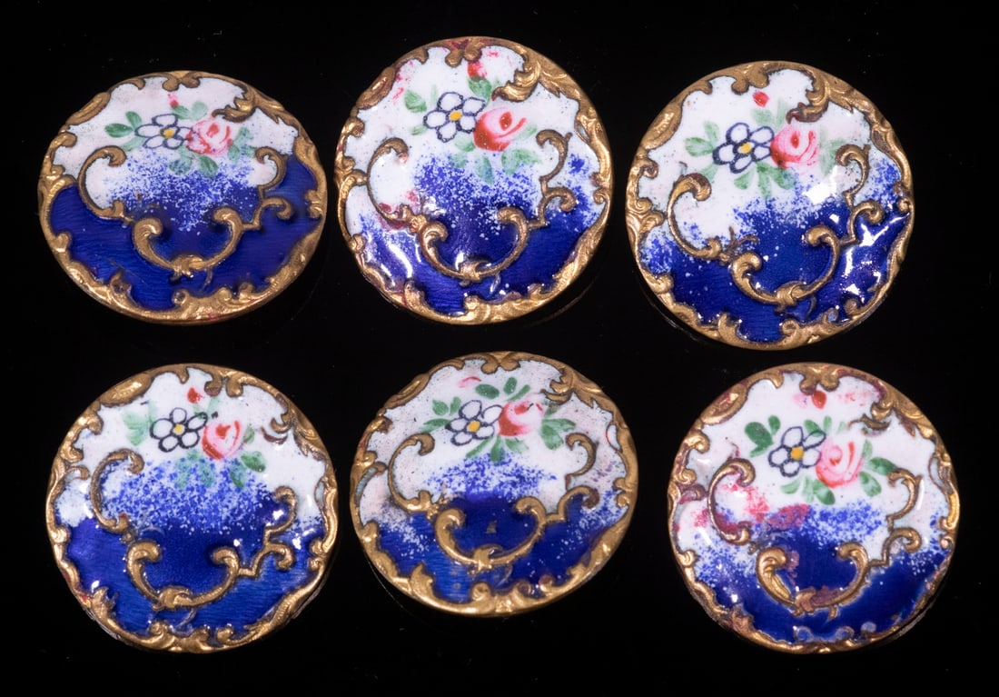 LOT OF (6) ANTIQUE FRENCH FLORAL ENAMEL ROUND BUTTONS (1 of 4)