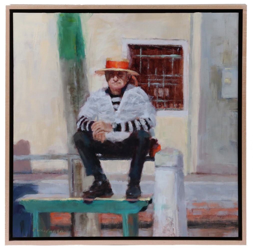 CAROLYN WHITAKER (ME/CA,1949-2018): Gondolier Man, Venice, oil on hardboard, signed lower left, depicting the boatman sitting on a railing, in a birch slat frame with shadowline, OS: 17" square, SS: 16" x 16". Fine condition.
