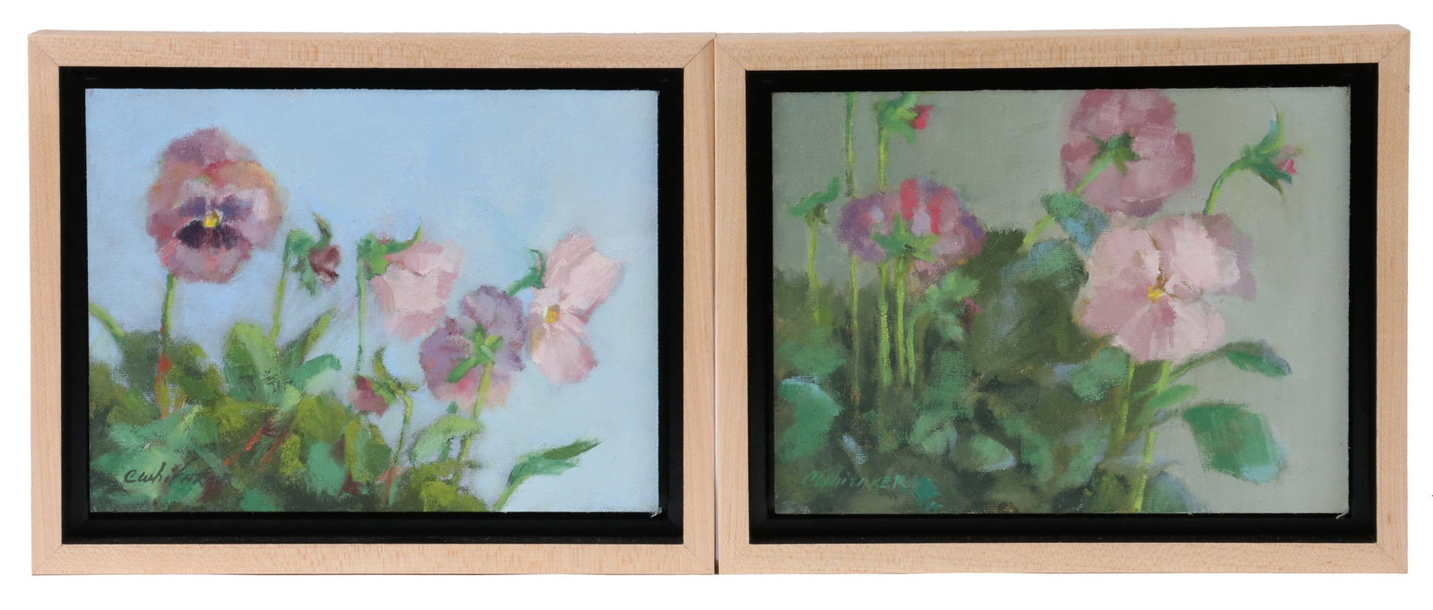 CAROLYN WHITAKER (ME/CA,1949-2018): Pair of "Pinks", oil on hardboard, signed lower left, titled on tag verso, depicting pansy blossoms, housed in a birch slat frame with shadowline, OS: 7 1/2" x 9 1/2", SS: 6" x 8". Fine condition.