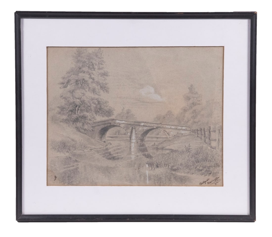 ATTRIBUTED TO JOSEPH PENNELL (PA/NY/UK, 1857-1926): "Bridge at Downington, Chester Co., 3-16-77", pencil and chalk, with JP cipher in pencil lower left, titled lower right, with affixed label verso: "This picture was sketched by Joseph Pennel (sic), th