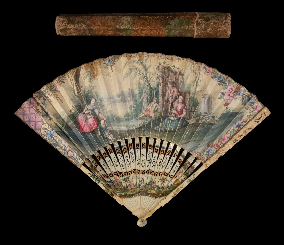 18TH FRENCH PAINTED IVORY HAND FAN IN ORIGINAL PAPIER MACHE CASE (1 of 3)