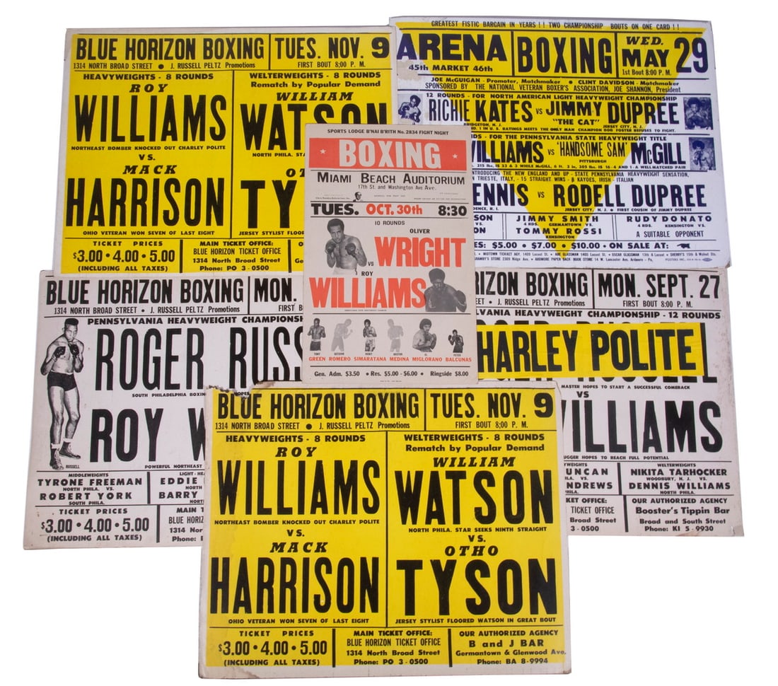 COLLECTION OF (6) VINTAGE PHILADELPHIA BOXING POSTERS, UNFRAMED: Circa 1960's Heavyweights, venues Blue Horizon & The Arena in Phila., 23" x 28"; One smaller from the Miami Beach Auditorium, all printed on cardboard, damaged, water stained, soiled, mostly with imag