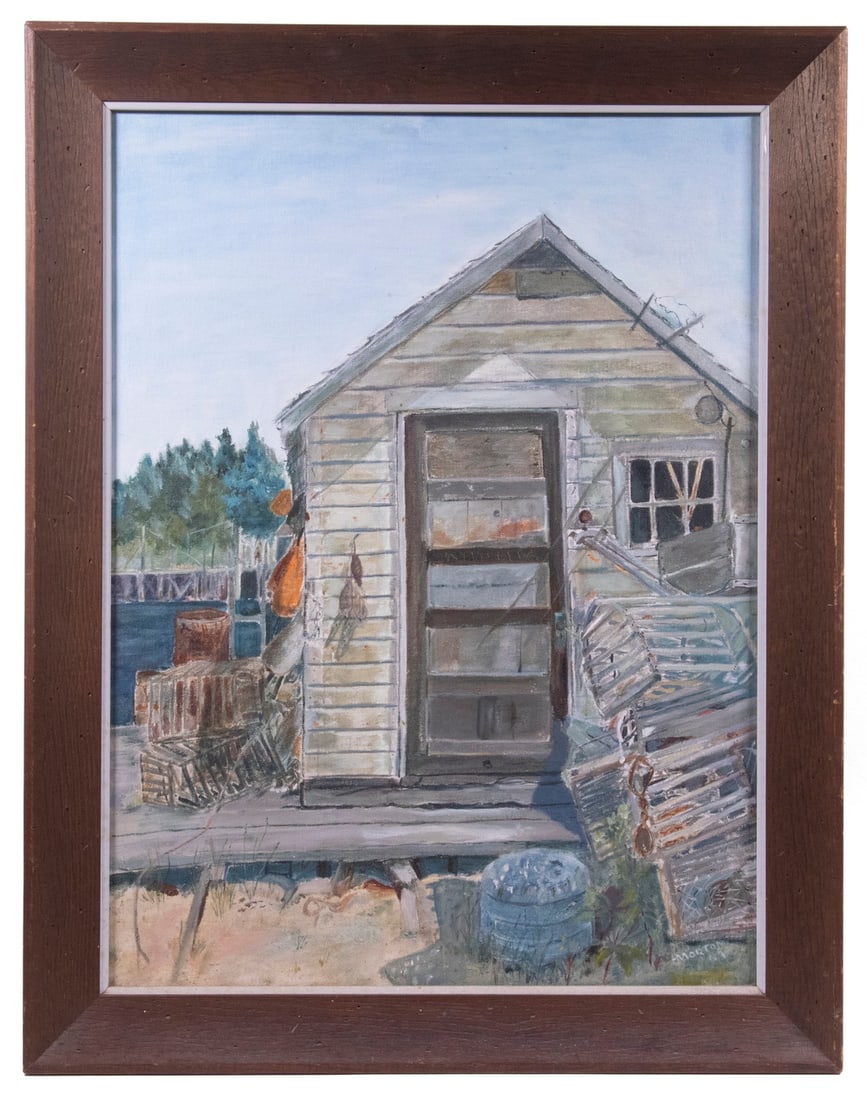 HELEN ANNA MORTON (ME, 1913-2009): "Lobster Shack, Port Clyde, Maine", oil on canvasboard, signed lower right and dated 1969. In elm cove frame with white liner, OS: 28" x 22", SS: 23 1/2" x 17 1/2".