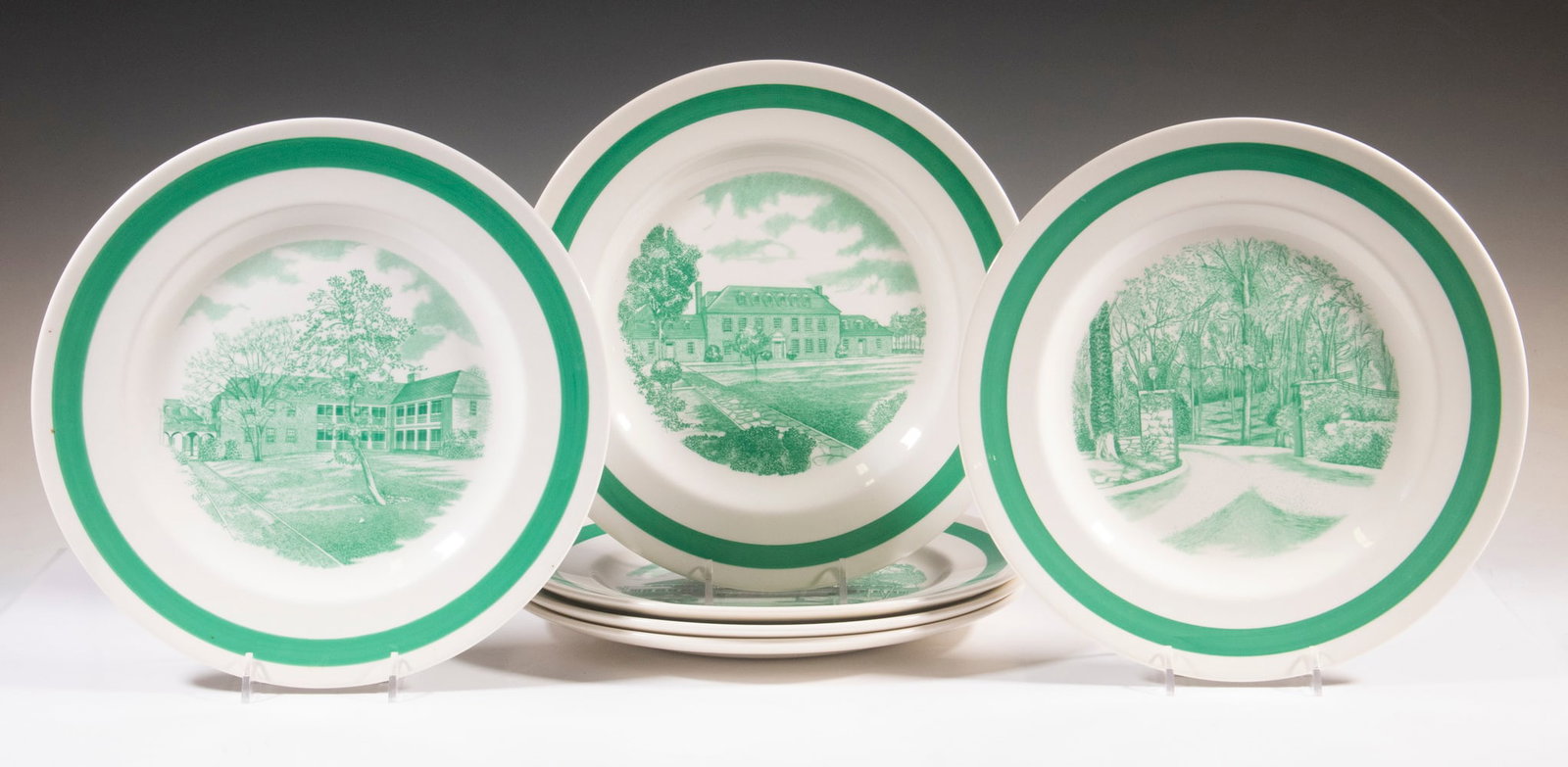 WEDGWOOD ETRURIA CHINA FOXCROFT SCHOOL PLATES: Set of (6) Vintage English Dinner Plates, mid-20th c., produced for the Foxcroft School of Middleburg, VA, each plate with a different transfer printed image of the campus, 10 1/4" diam.