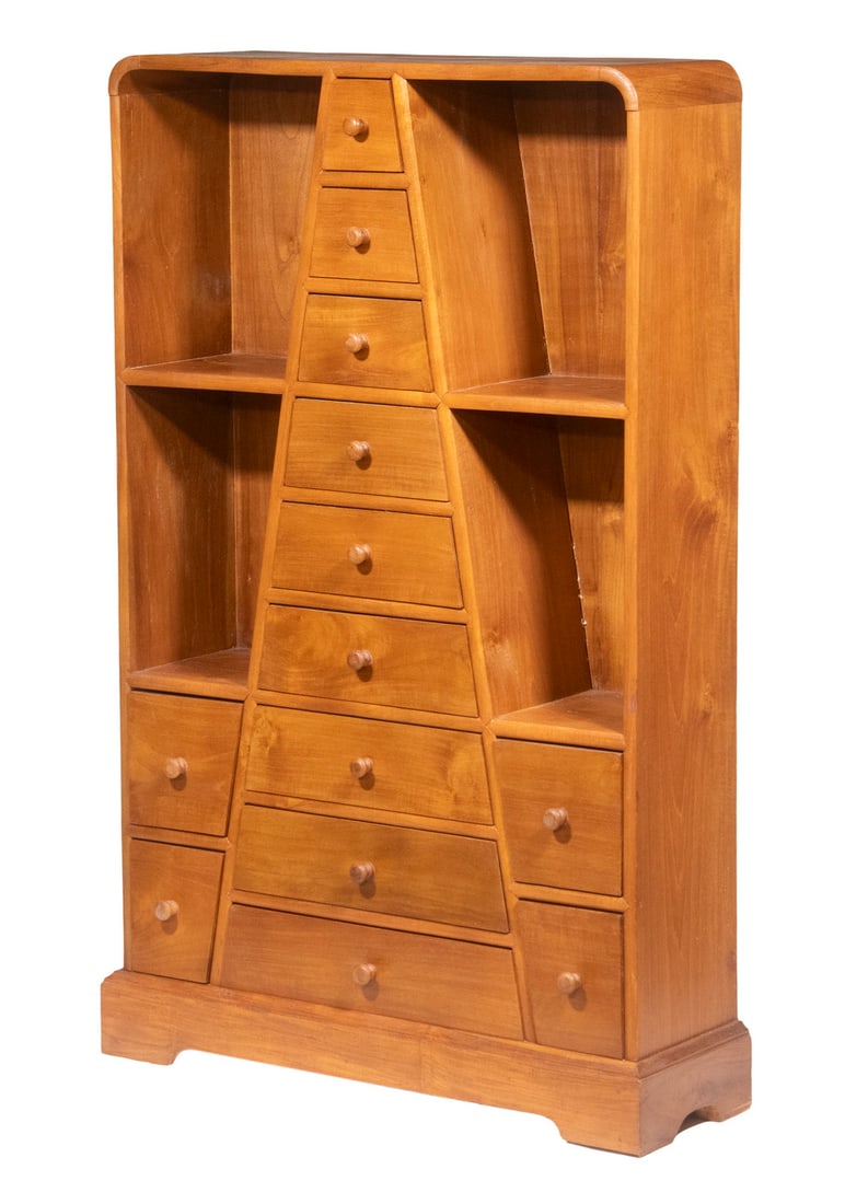 CUSTOM 13-DRAWER CABINET: Finely Crafted Teak Wood Storage & Display Cabinet, with four open shelves flanking nine drawers stacked in a pyramid design, and with four additional drawers near the base, set on a bracket base, 50 