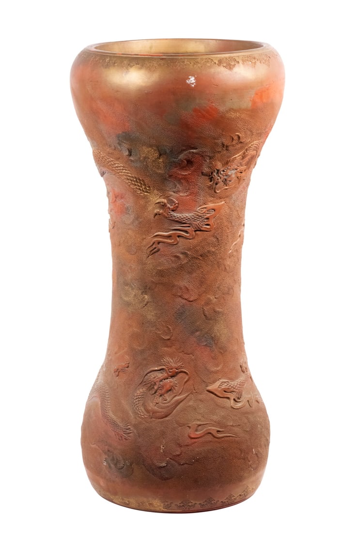 JAPANESE MEIJI PERIOD TOKONOME TERRACOTTA POTTERY UMBRELLA STAND, SIGNED: Ca. 1900, spool form, decorated with low relief dragons fighting over a flaming pearl, with black and gold scumbling, impressed mark on underside, 20 1/2" x 9 1/2" diam.