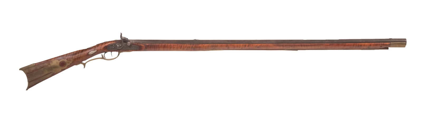 KENTUCKY RIFLE, PERCUSSION LOCK: An incredibly long and robust Kentucky Rifle, possibly made in the mid 19th Century. The gun features a 40" long octagonal rifled barrel mounted in a tiger maple stock with engraved lock plate and bra