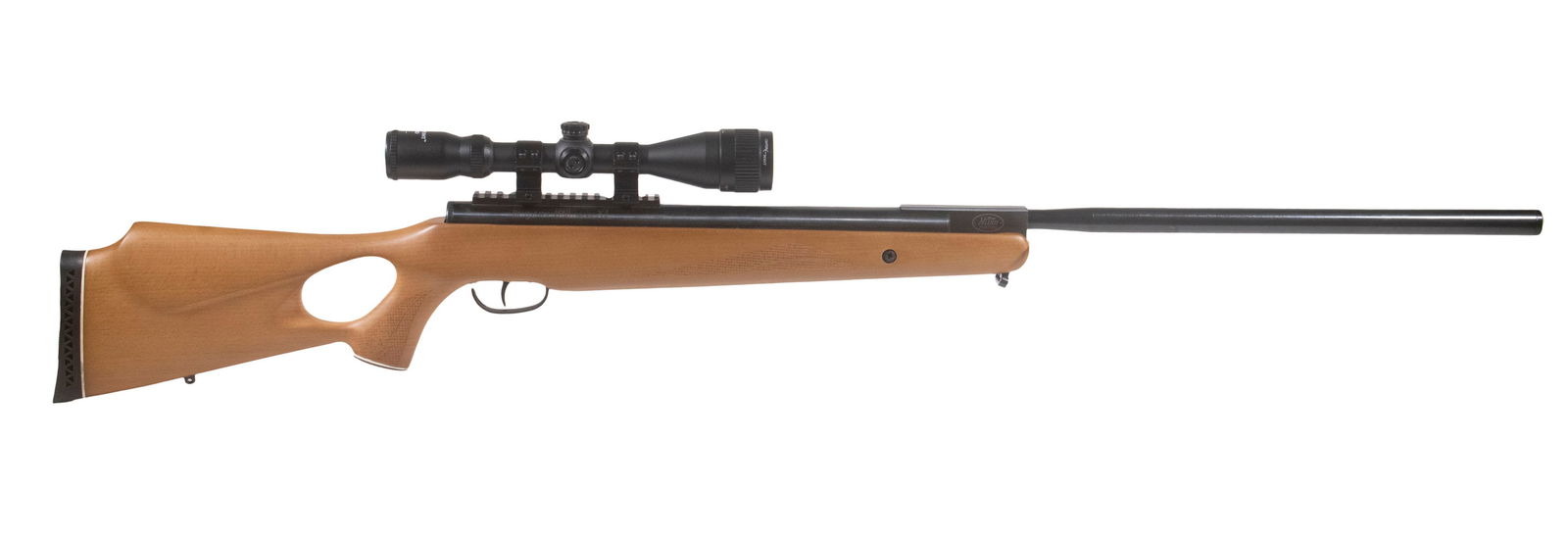 BENJAMIN TRAIL NITRO PISTON AIR RIFLE, .25 CAL: A gas-piston air rifle made by the Benjamin Trail company. The rifle features a shrouded barrel and round receiver in an all black finish mounted to hardwood stock with thumbhole grip, raised comb and