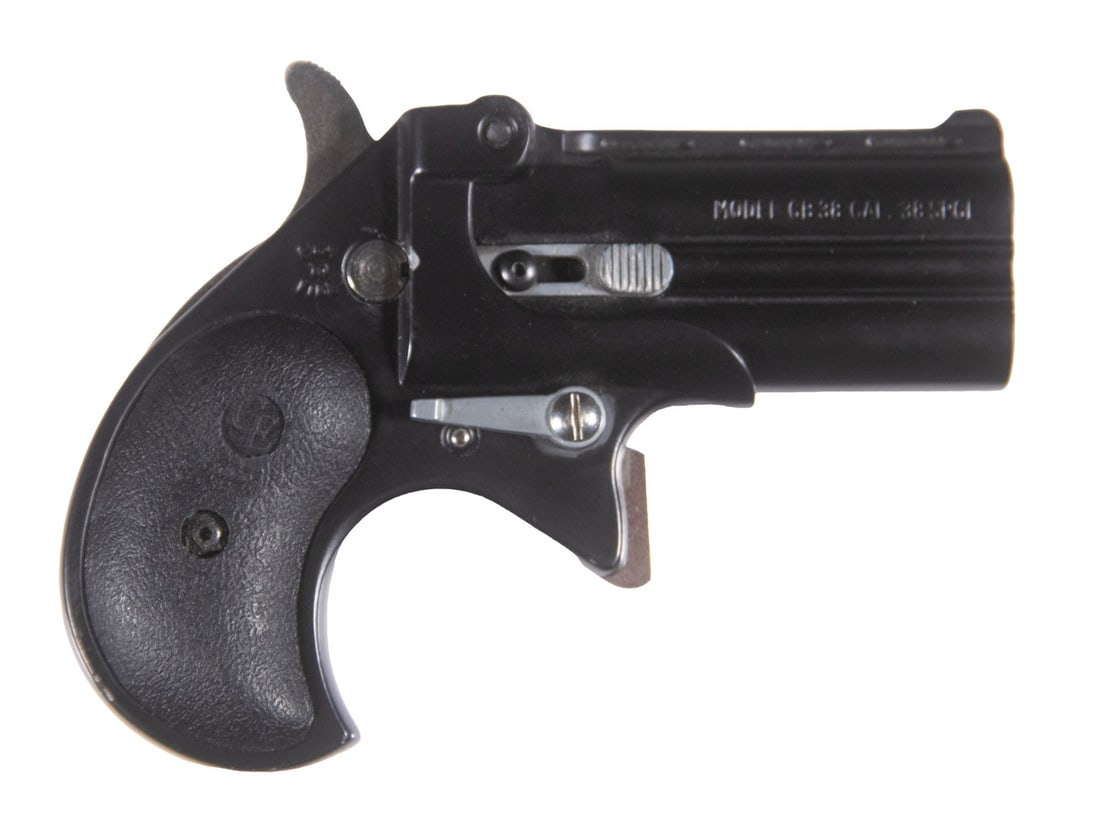 MODEL CB38 DERRINGER, .38 SPL: A small pocket derringer made by Cobra Enterprises of Utah. The gun features an all black matte finish with rubber grip panels. The gun operates on a single-action, alternating hammer with manual case
