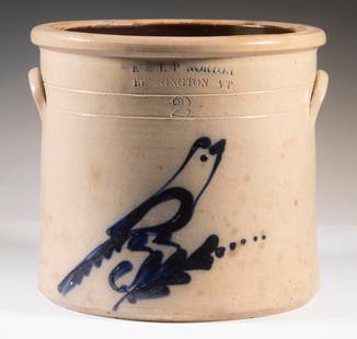 E & LP NORTON BENNINGTON, VT STONEWARE CROCK: 19th c. Two-Gallon Stoneware Jar, with slip trailed cobalt blue bird on branch decoration, applied lug handles, two incised rings below rim, stamped "E & LP Norton, Bennington VT" and with "2"