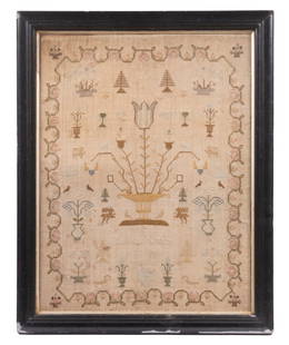 FRAMED SAMPLER: British, silk on fine linen, featuring a large central flowering urn surrounded by smaller flower vases, birds, leaping deer, pine trees, rearing lions and a crown top center. Made by Elizabeth