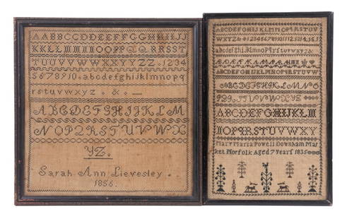 (2) FRAMED SAMPLERS: British, black wool on linen, both with alphabets and numbers only; larger by Sarah Ann Lievesley, 1856; smaller by Mary Maria Powell of Downham Market, Norfolk, aged 7 years, 1835. Both in black stic