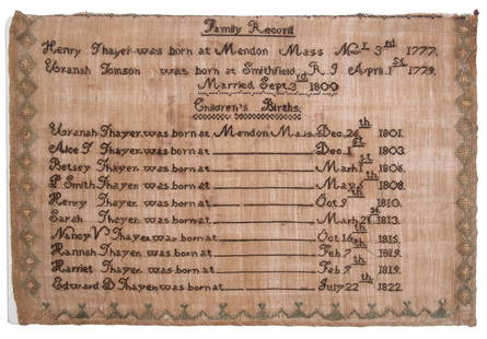 UNFRAMED SAMPLER (IN FOLIO), THAYER FAMILY: "Thayer Family Record, Mass. 1822". Henry Thayer, born Mendon (Worcester), Mass. Nov 3rd, 1777; Uranah Tomson born Smithfield RI, April 1st, 1779. Married Sept 3, 1800. Listed below are the birth date