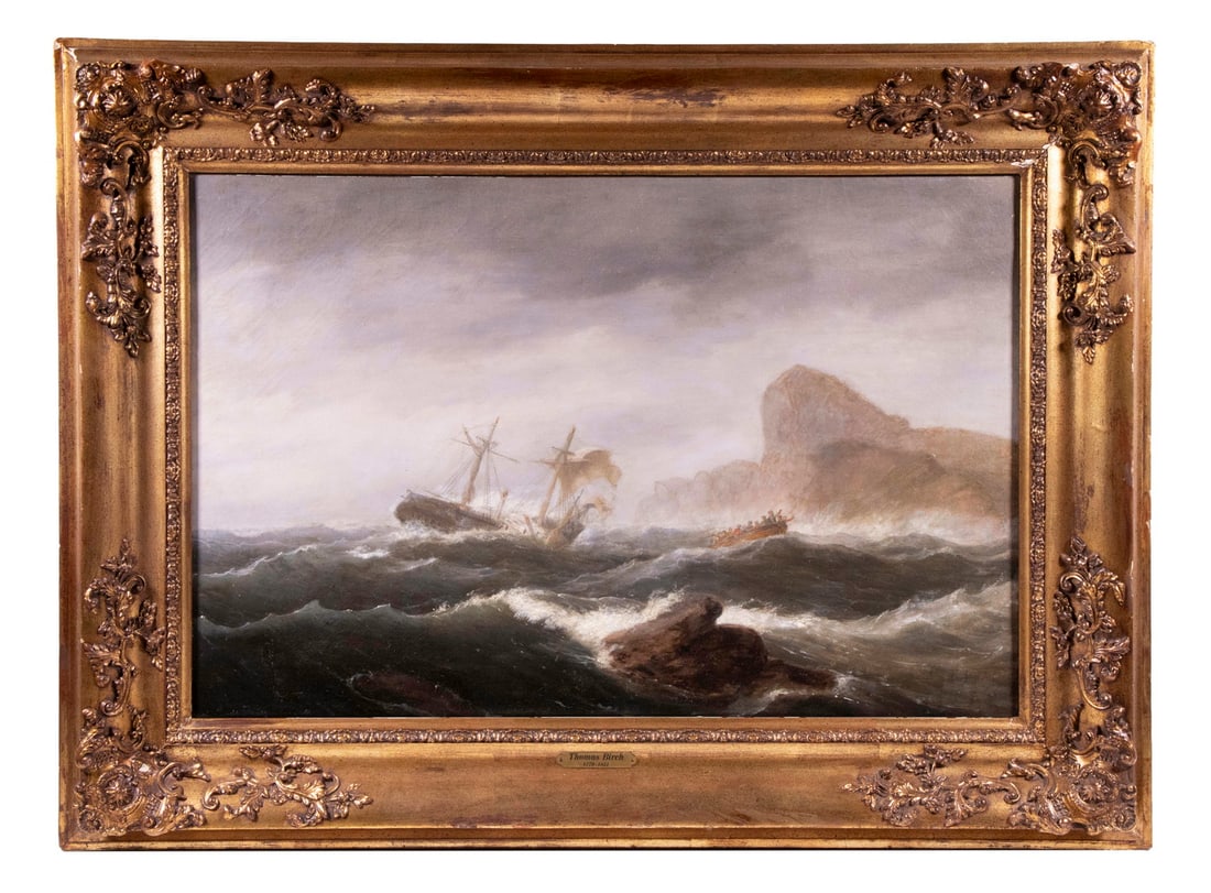 THOMAS BIRCH (PA, 1779-1851): Shipwreck on Rocky Headland, oil on canvas, unsigned but with original handwritten paper label verso that reads "....and a Shipwreck on a Lee...(cr)ew leaving the wreck. Painted by T. Birch, 1841". On