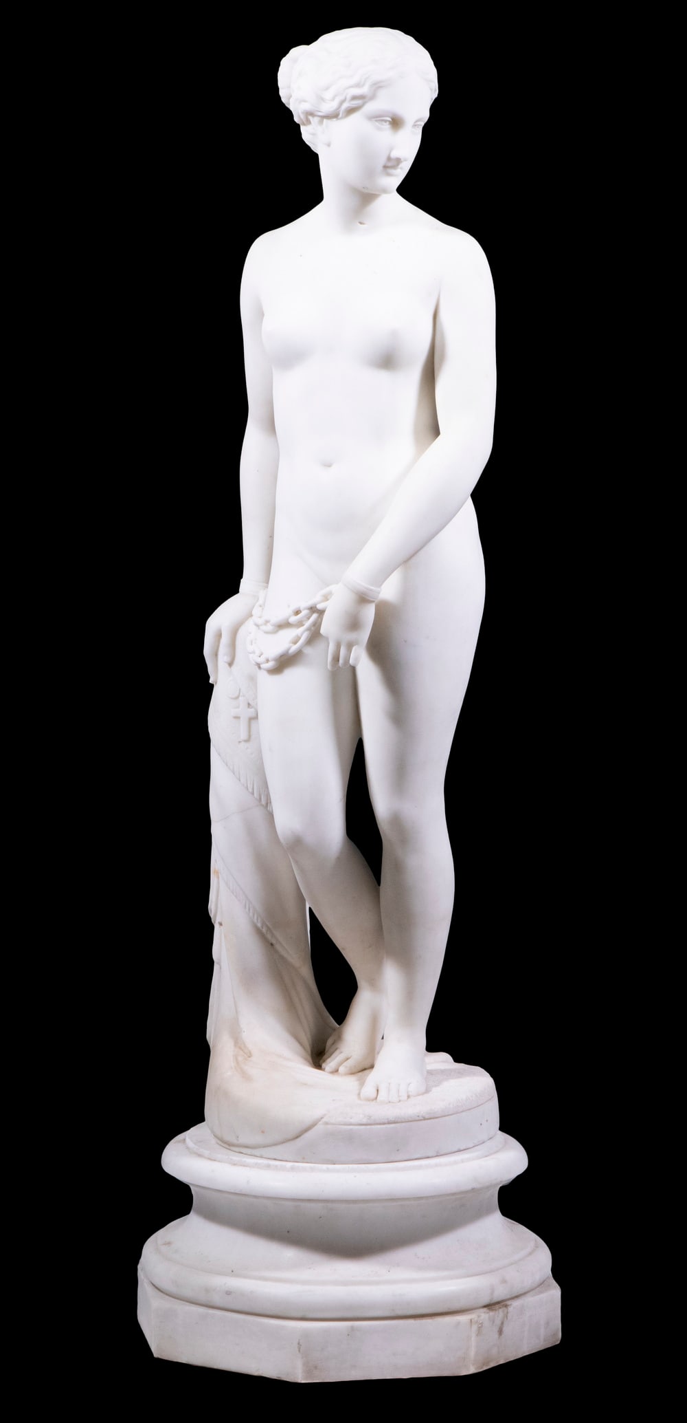 HIRAM POWERS (DC/ITALY VT/OH, 1805-1873): "The Greek Slave", carved Carrara marble on separate marble plinth, unsigned. 45" tall overall.