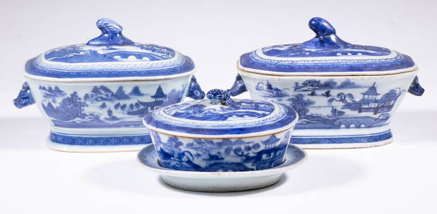 (3) SMALL CANTON COVERED SERVING BOWLS: Including: Near Pair of Rectangular Bowls with dragon head lugs, 5" x 7" x 4 1/2"; PLUS Small Oval with lid having pomegranate knop, underplate, 3 1/2" x 5 3/4" x 5". Rim flake and hairline to body of