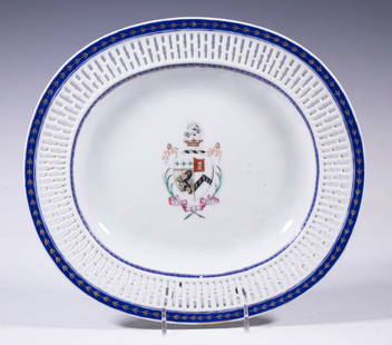 CHINESE EXPORT ARMORIAL PLATTER: 19th c. Oval Porcelain Dish, with reticulated rim and centered with the crest of the Samler and Shaw family and the motto "Pax et Copia" (peace and plenty), blue and gilt decorated edges,10 3/4" x 9 3