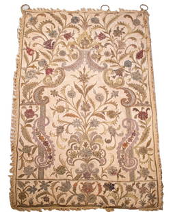 19TH C. EMBROIDERED TAPESTRY: Floral Design Silk Panel, with applique decoration and embroidered with metallic threads on a cream colored ground, ball fringe edging, cream silk backing, four hanging rings sewn to edging of one lon